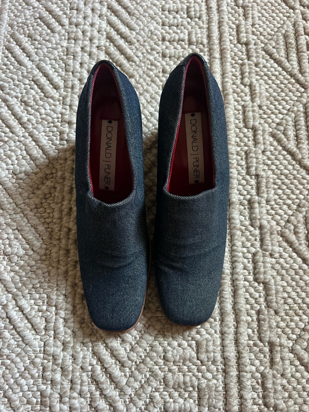 Donald J Pliner denim slip-on loafers, red interior, made in Spain